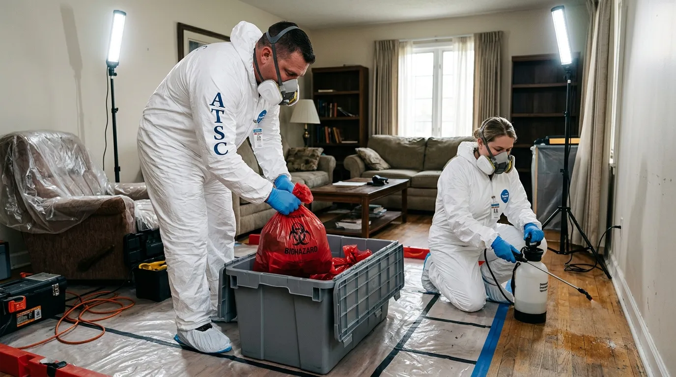 Professional Hoarding Cleanup technician in full PPE working in Granite City